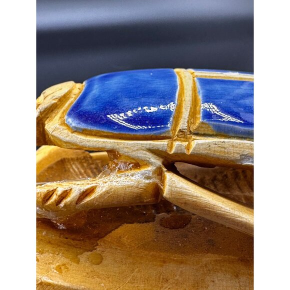 Egyptian Blue Sand Scarab Beetle Statue Heiroglyphics on bottom REPAIRED READ - Picture 9 of 16
